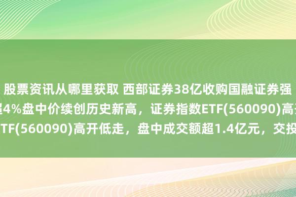 股票资讯从哪里获取 西部证券38亿收购国融证券强势涨停！中信证券涨超4%盘中价续创历史新高，证券指数ETF(560090)高开低走，盘中成交额超1.4亿元，交投火爆！